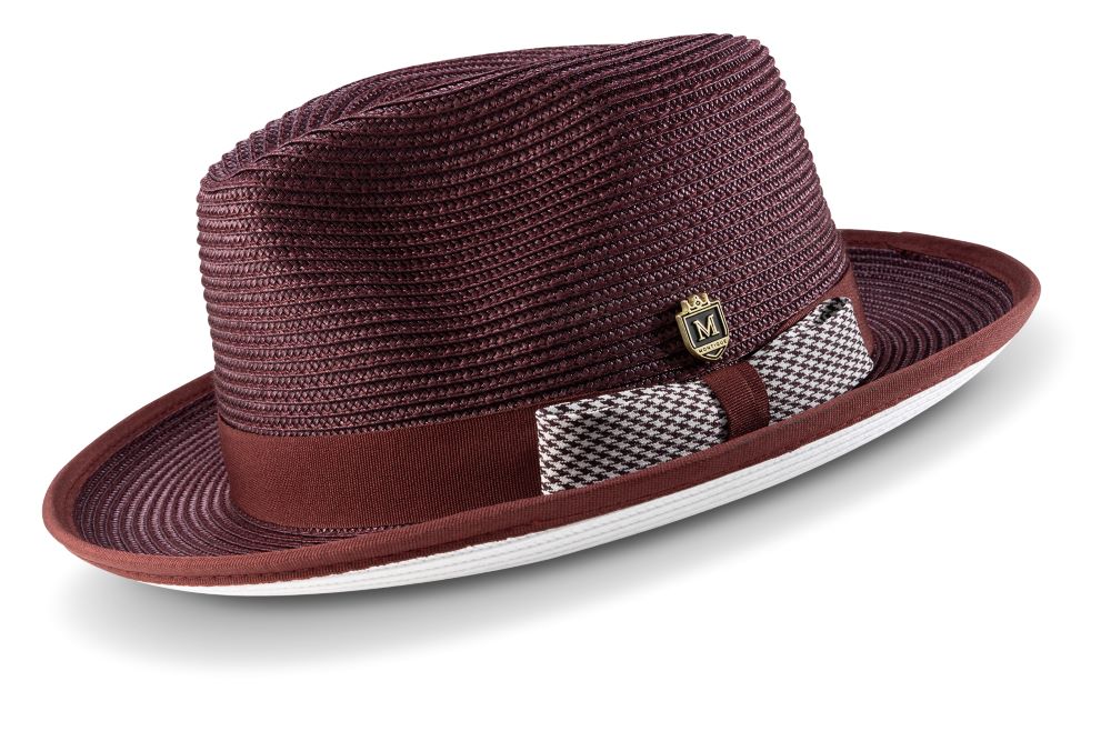 Wine Braided Stingy Brim Pinch Fedora With White Bottom