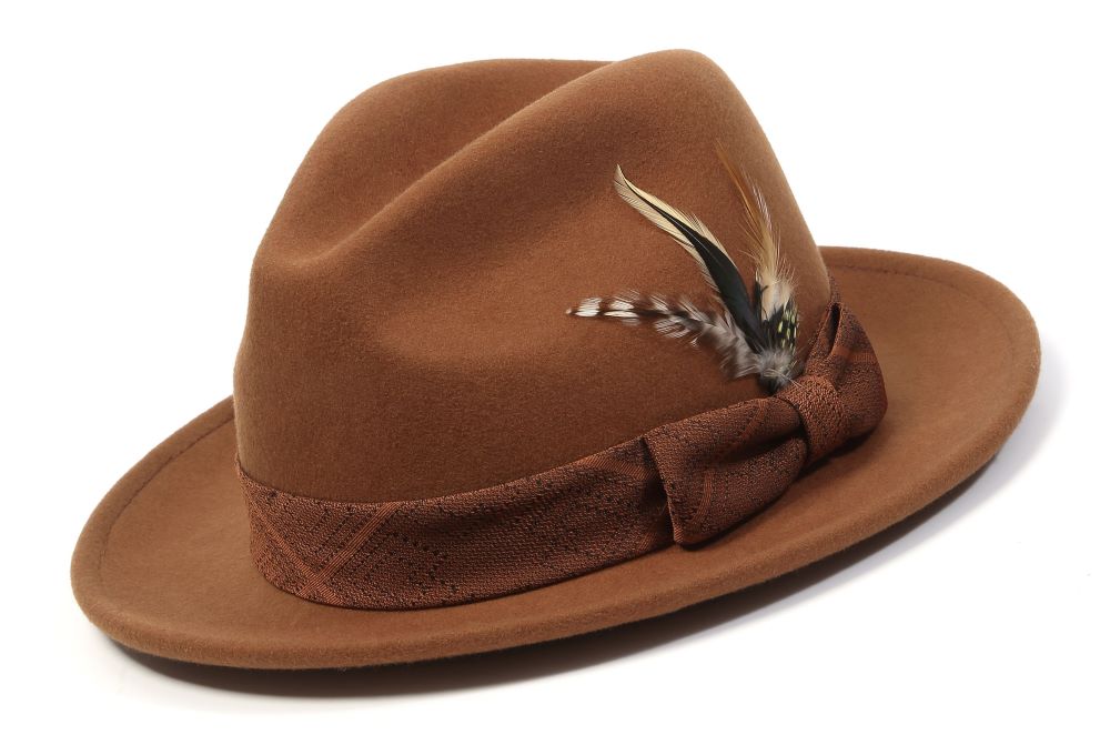 Cognac Wool Felt Dress Hat with Feather Accent