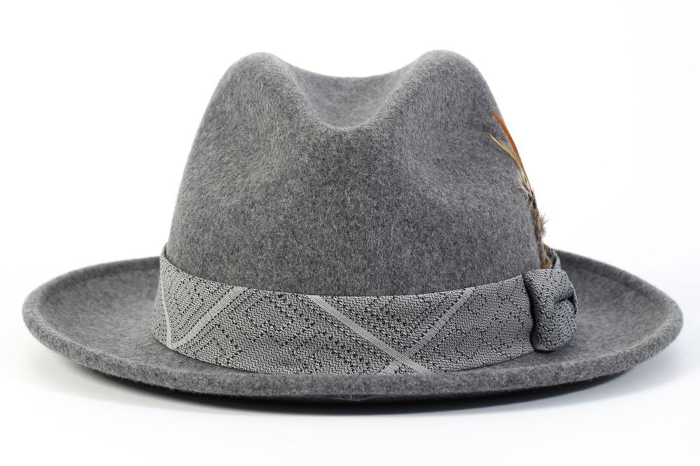 Grey Wool Felt Dress Hat with Feather Accent