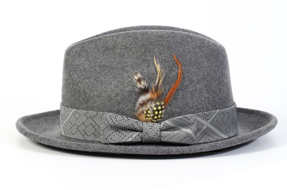 Grey Wool Felt Dress Hat with Feather Accent