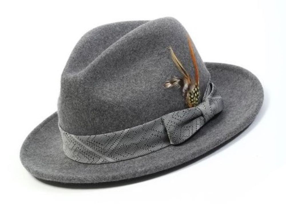 Grey Wool Felt Dress Hat with Feather Accent