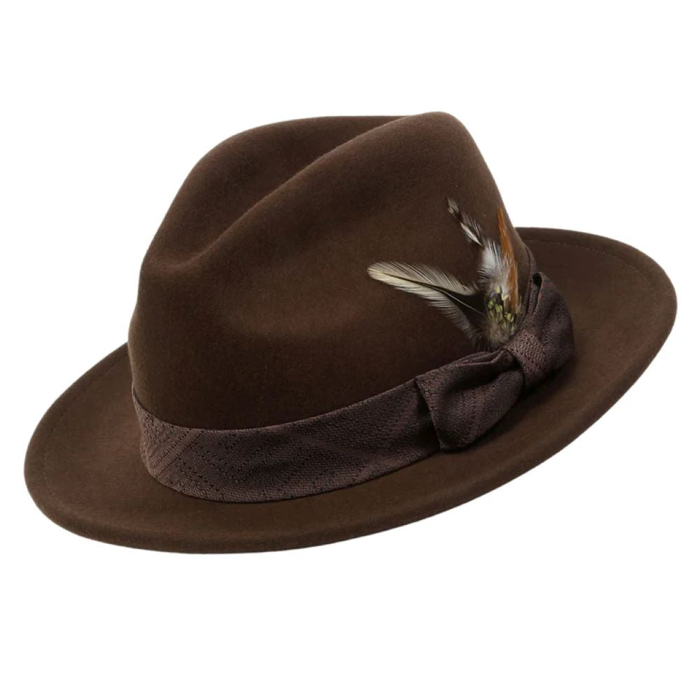 Brown Wool Felt Dress Hat with Feather Accent