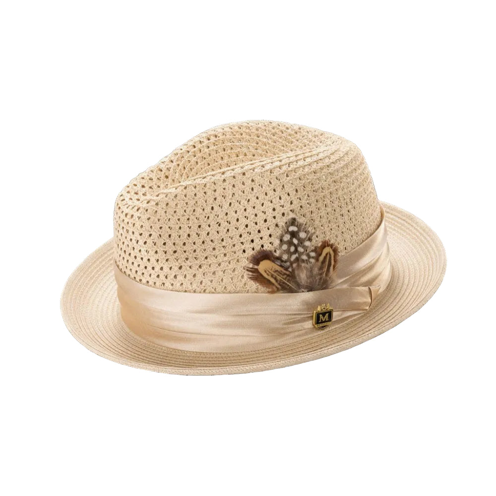 Beige Solid Color Pinch Braided Fedora With Matching Satin Ribbon