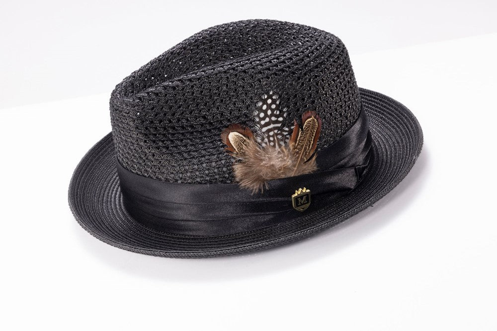 Black Solid Color Pinch Braided Fedora With Matching Satin Ribbon
