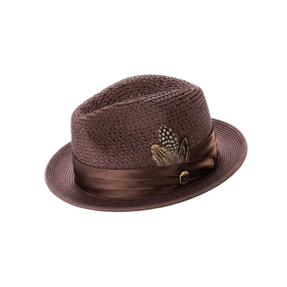 Brown Solid Color Pinch Braided Fedora With Matching Satin Ribbon