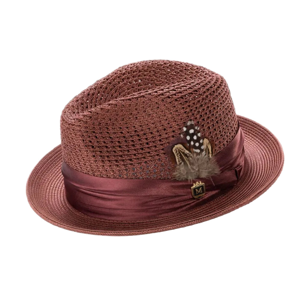 Burgundy Solid Color Pinch Braided Fedora With Matching Satin Ribbon