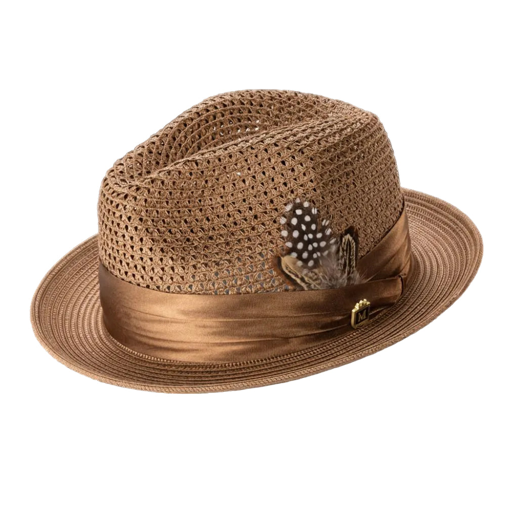 Cappuccino Solid Color Pinch Braided Fedora With Matching Satin Ribbon