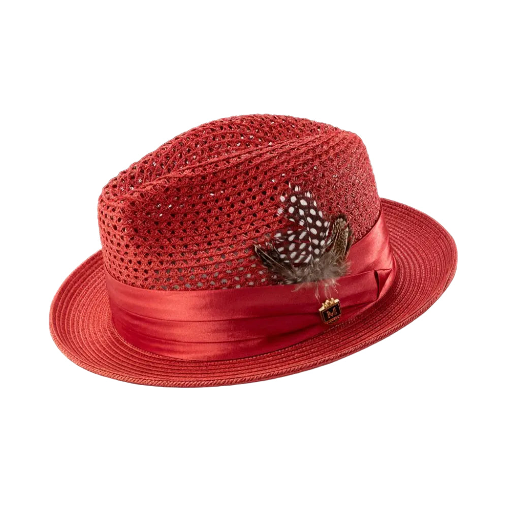 Crimson Solid Color Pinch Braided Fedora With Matching Satin Ribbon