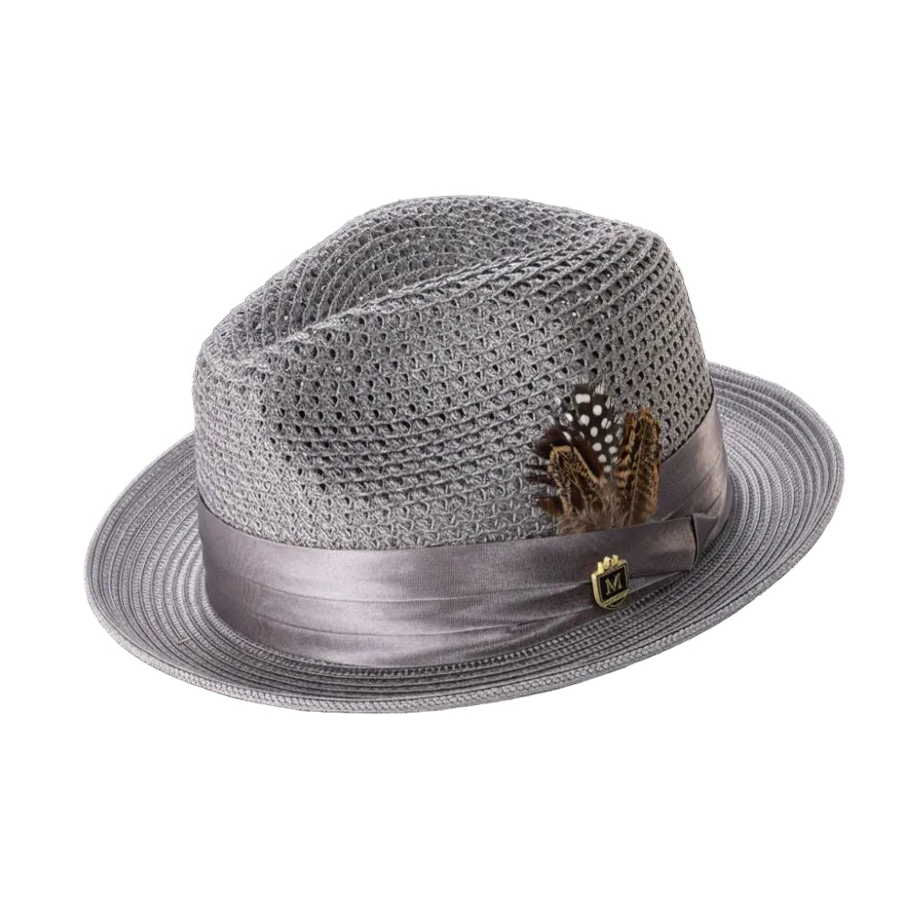 Gray Solid Color Pinch Braided Fedora With Matching Satin Ribbon