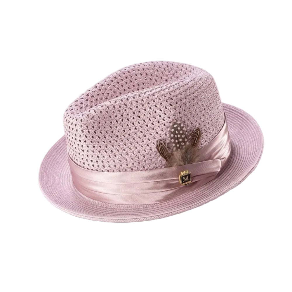 Mauve Solid Color Pinch Braided Fedora With Matching Satin Ribbon