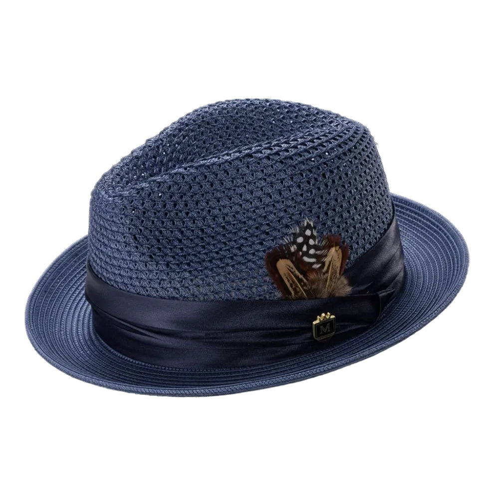 Navy Pinch Braided Fedora With Matching Satin Ribbon