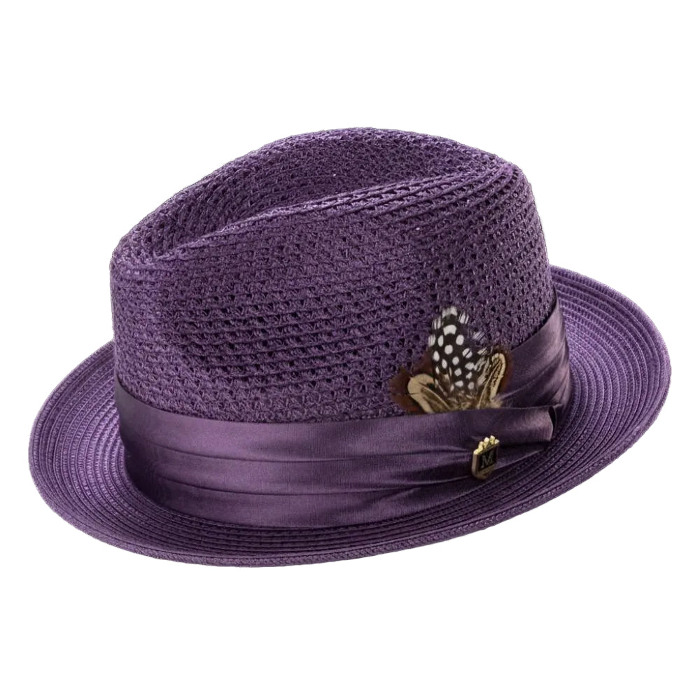 Purple Pinch Braided Fedora With Matching Satin Ribbon