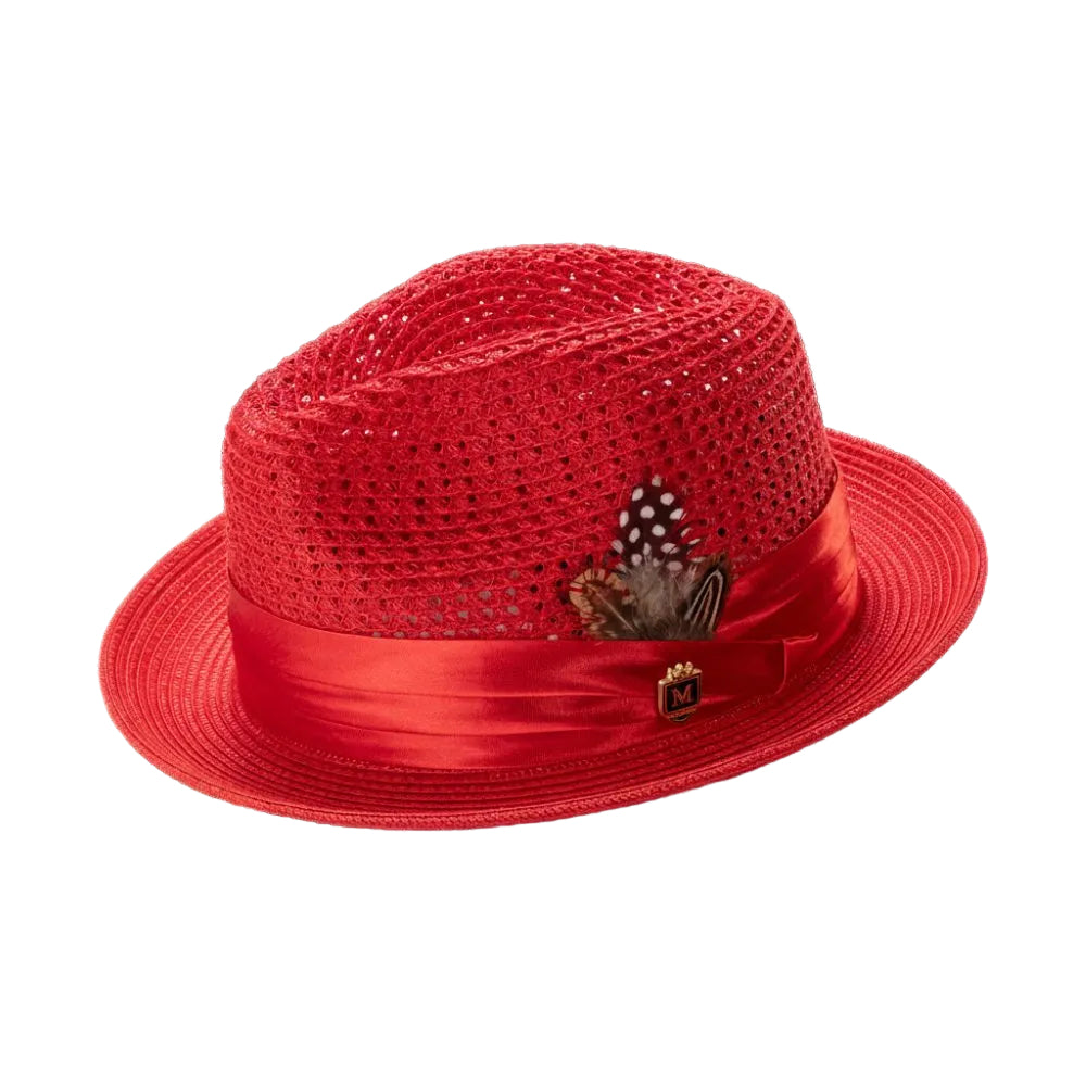 Red Solid Color Pinch Braided Fedora With Matching Satin Ribbon