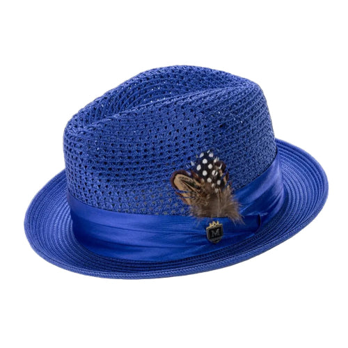 Royal blue braided pinch fedora with matching satin ribbon