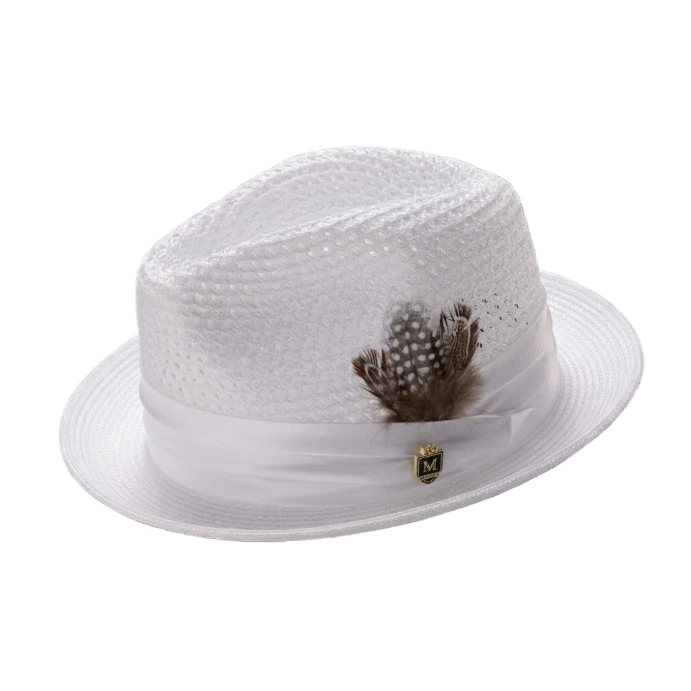 White Solid Color Pinch Braided Fedora With Matching Satin Ribbon