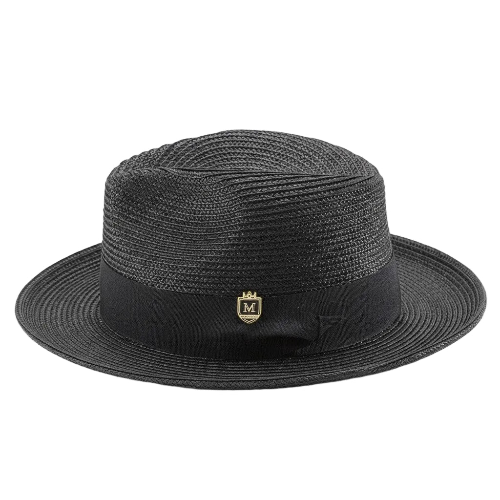 Black fedora hat with a logo on a white background