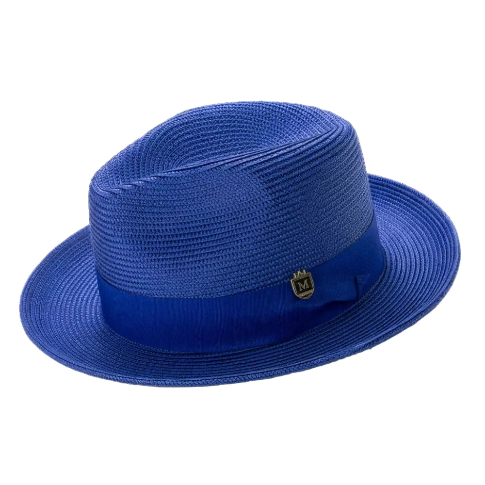 Royal Blue Braided Wide Brim Pinch Fedora Matching Grosgrain Ribbon