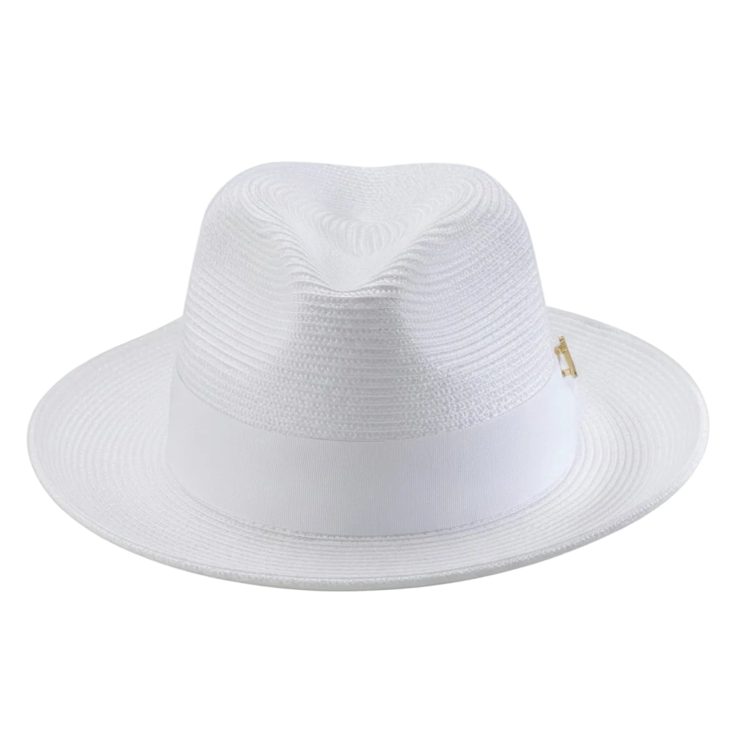 White fedora hat with a brand logo on a white background
