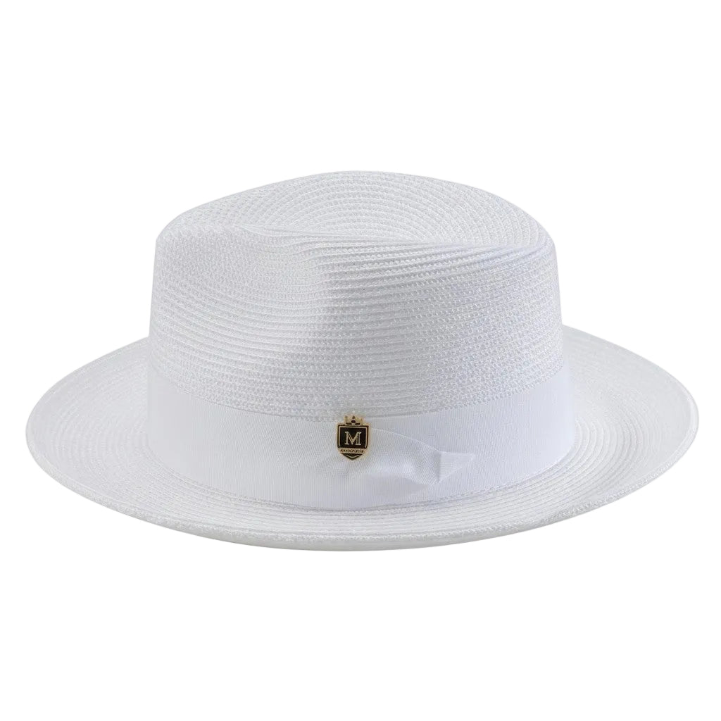 White fedora hat with a logo on a white background