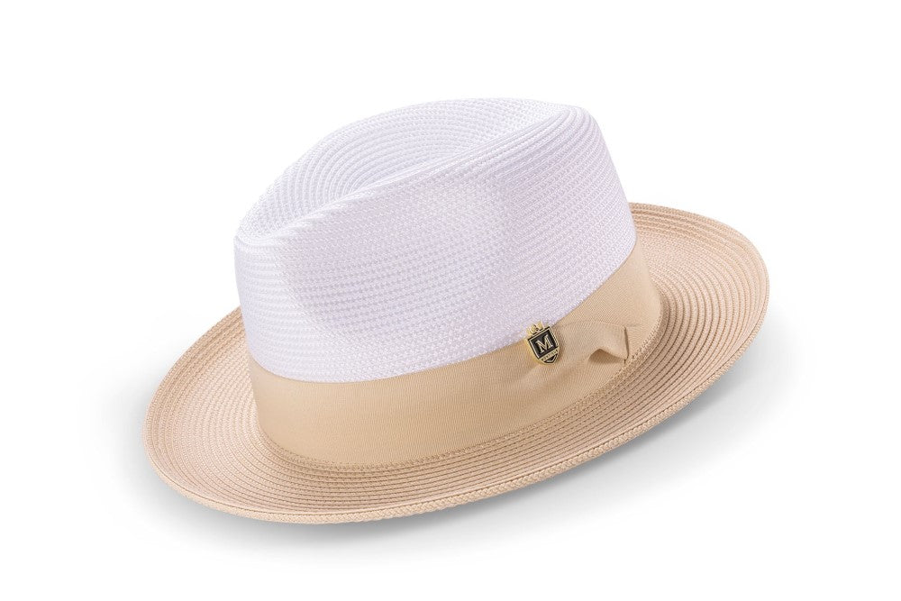 Beige Two-Tone Wide Brim Matching Grosgrain Ribbon Straw Fedora
