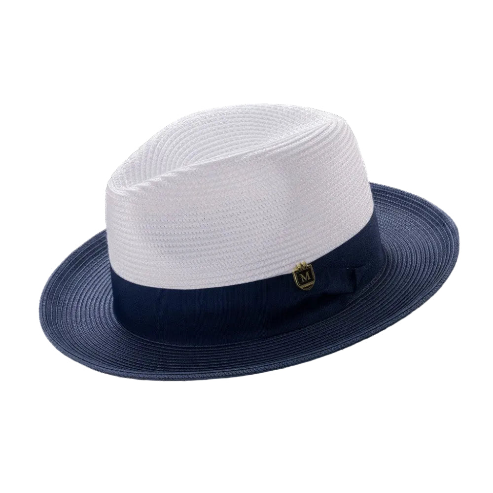 Navy Two-Tone Wide Brim Matching Grosgrain Ribbon Straw Fedora