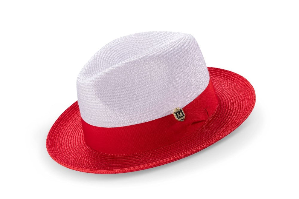 Red Two-Tone Wide Brim Matching Grosgrain Ribbon Straw Fedora
