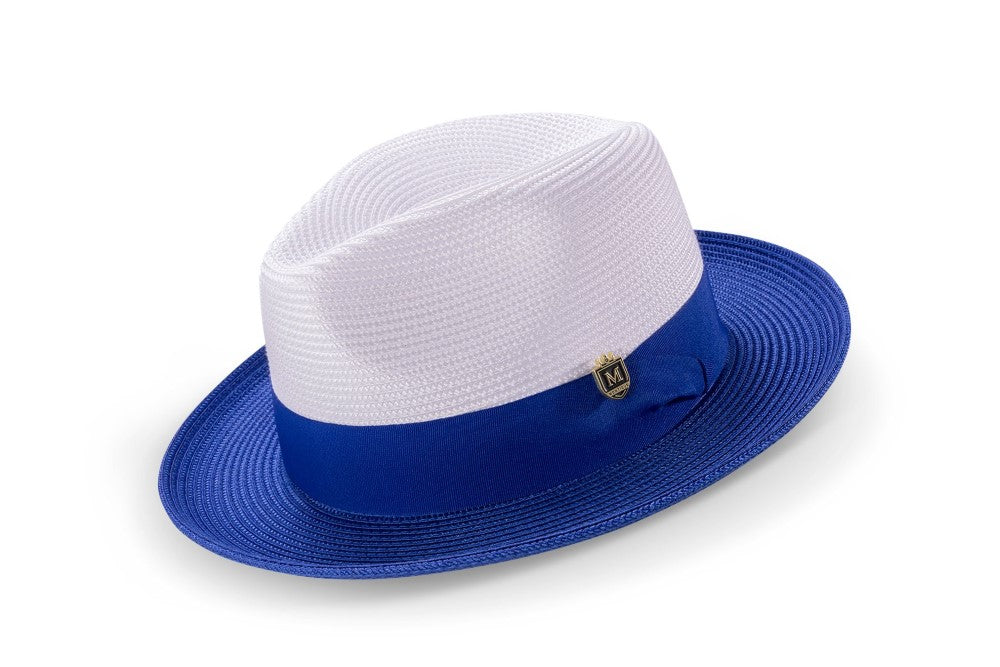 Royal Two-Tone Wide Brim Matching Grosgrain Ribbon Straw Fedora
