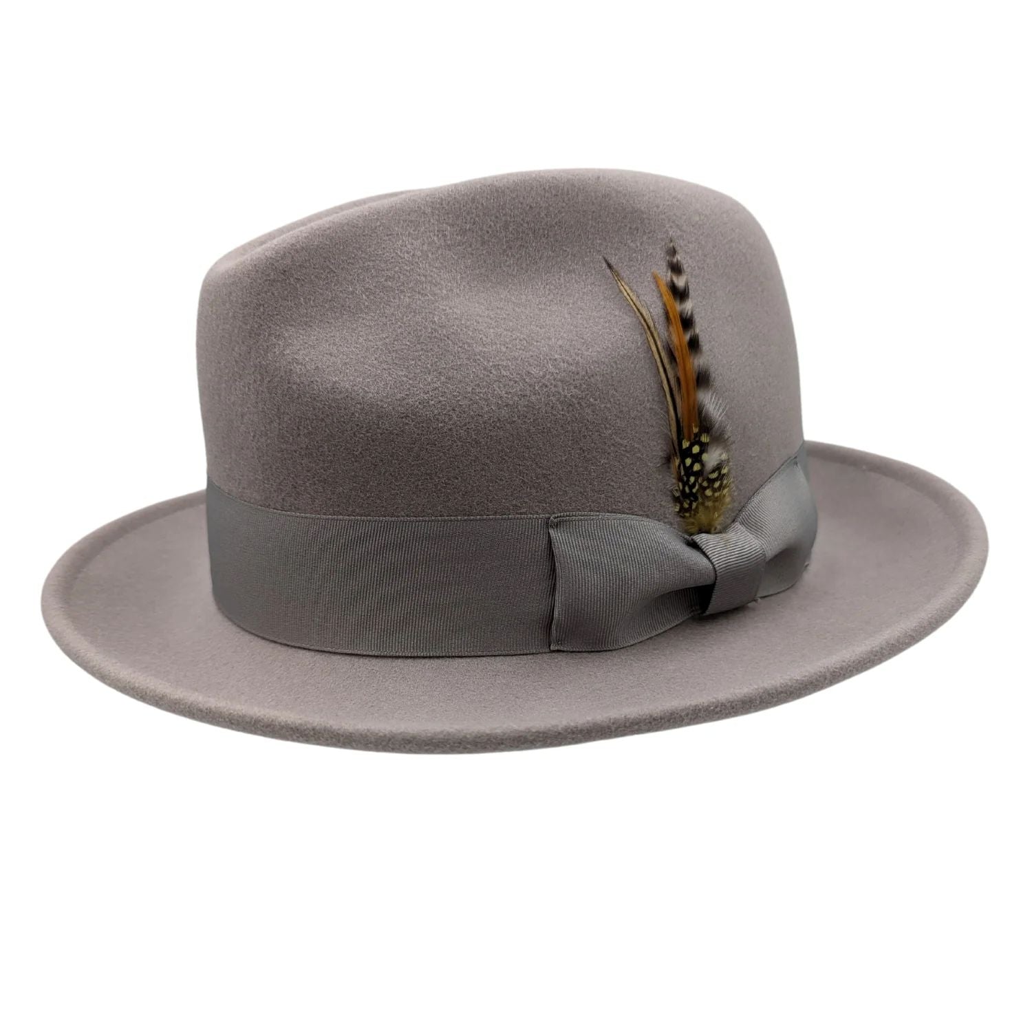 Wool Felt Fedora Pinch Front with Feather Accent in Ash Gray