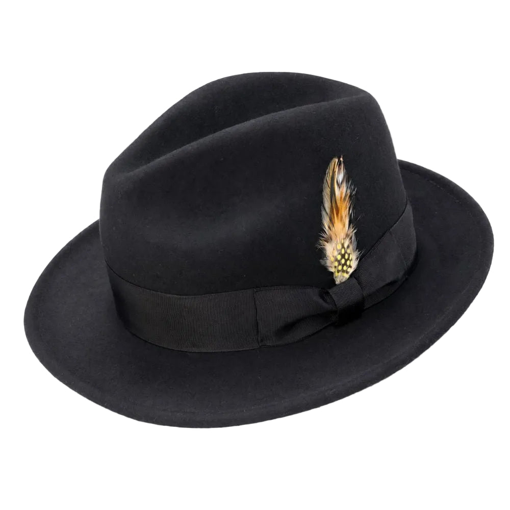 Wool Felt Wide Brim Pinch Crown Fedora - Black