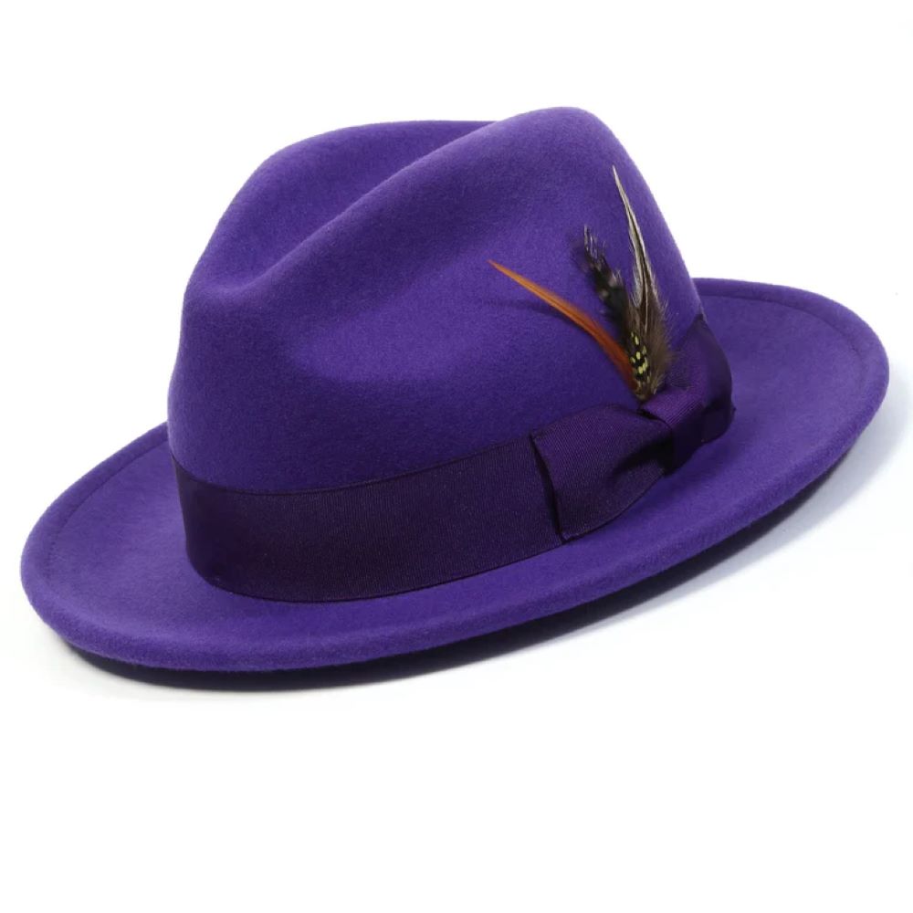 Wool Felt Fedora Pinch Front with Feather Accent in Blackberry