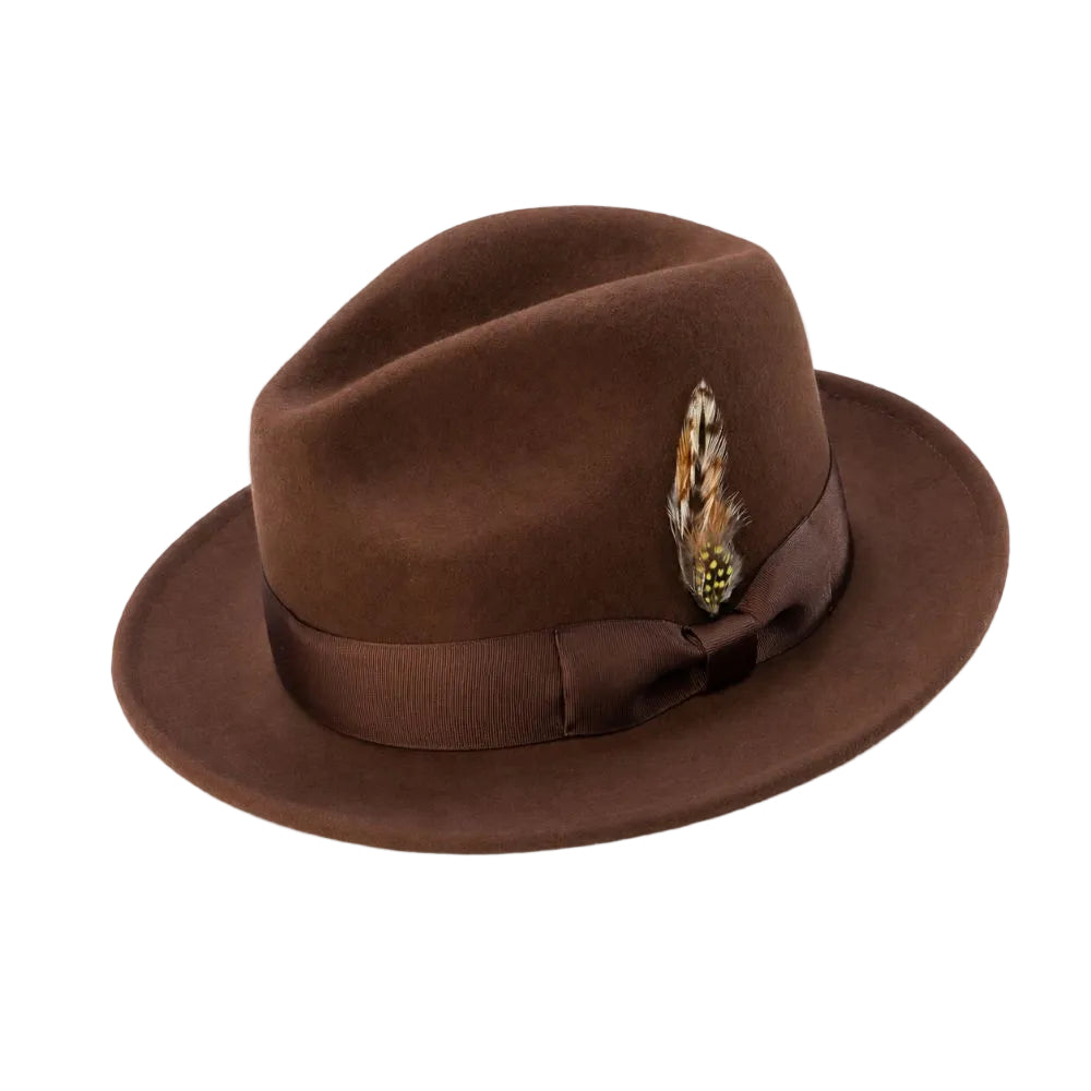 Brown wool felt pinch front fedora with feather accent