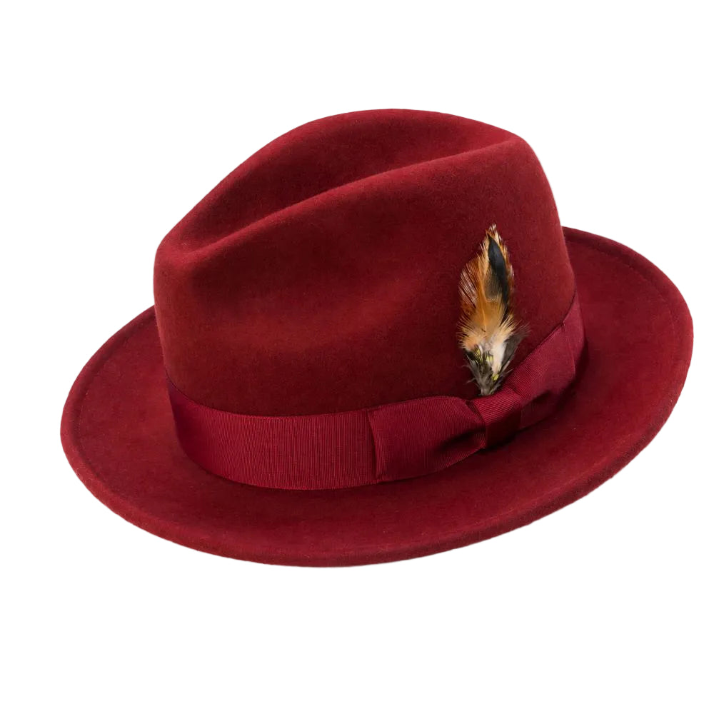 Wool Felt Wide Brim Pinch Crown Fedora - Burgundy
