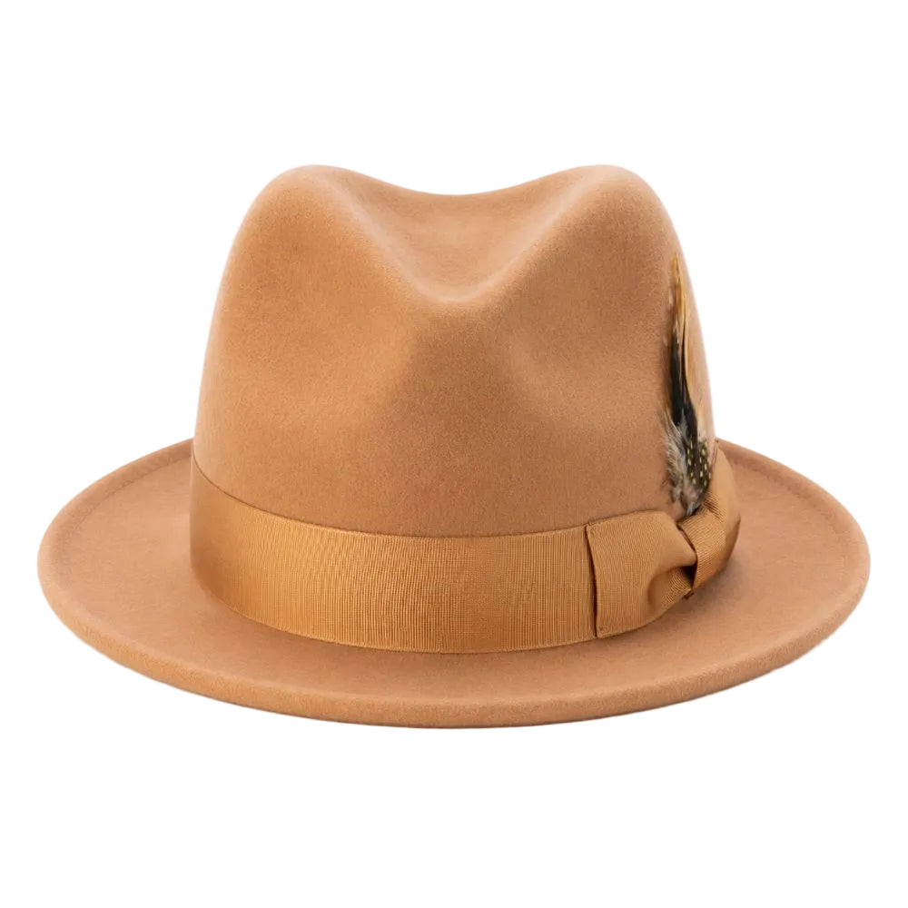 A tan felt fedora hat with a matching wide band and a decorative feather accent on the side, photographed against a plain white background.