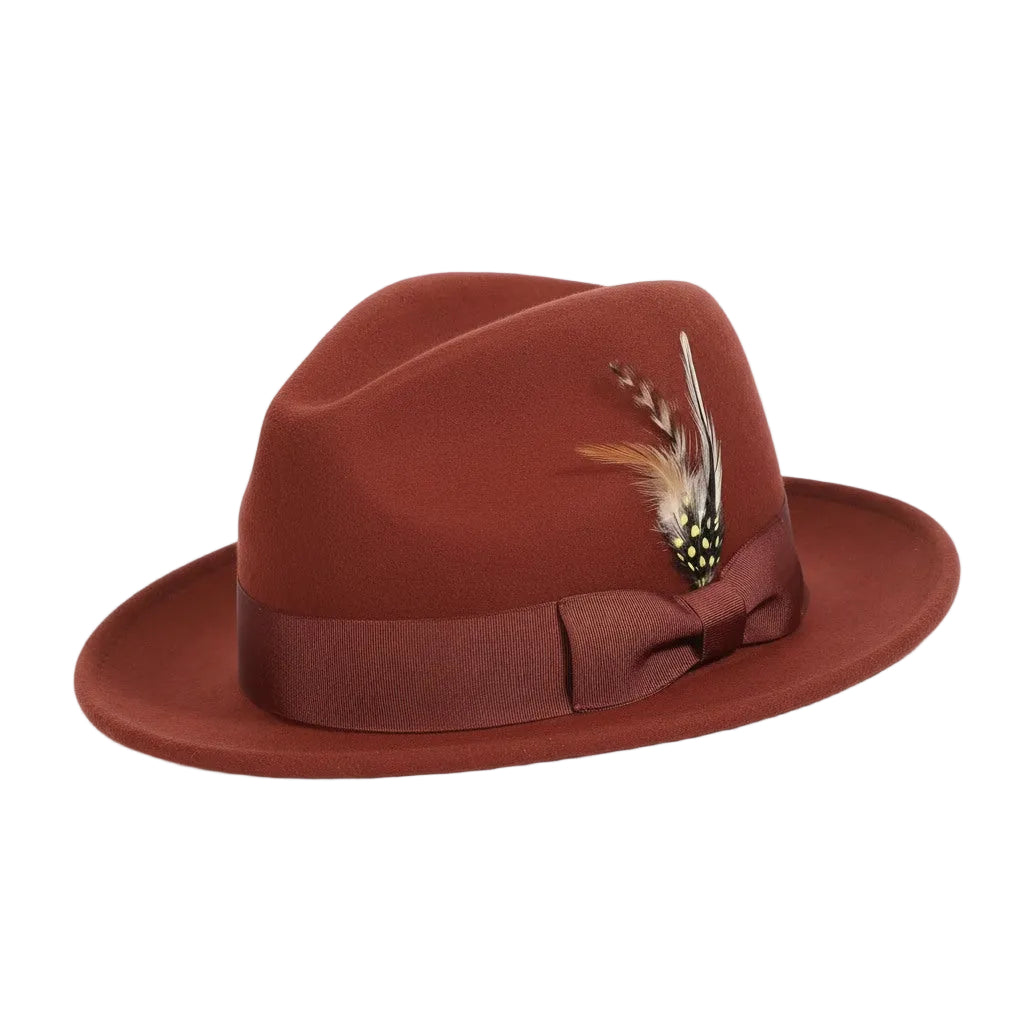 Wool Felt Fedora Pinch Front with Feather Accent in Cognac