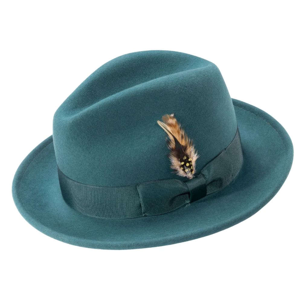 Wool Felt Fedora Pinch Front with Feather Accent in Emerald
