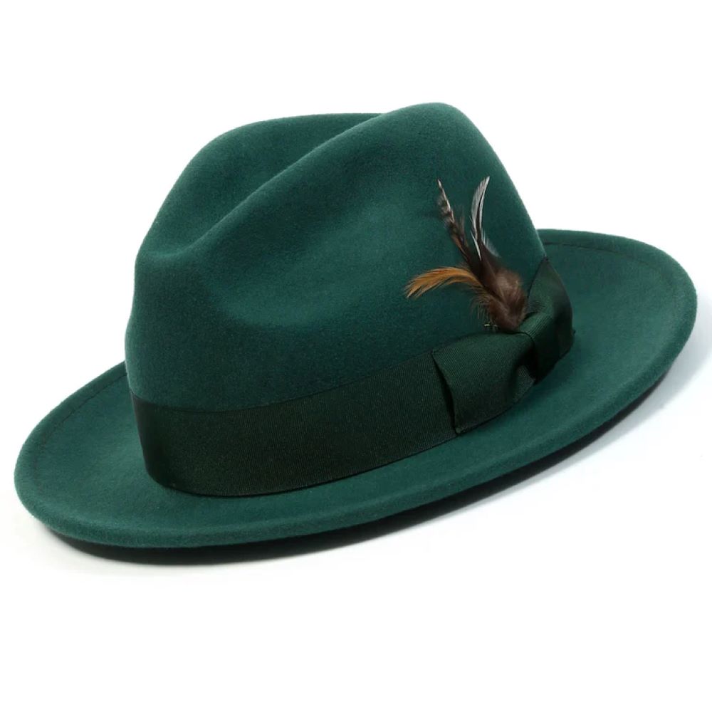 Wool Felt Fedora Pinch Front with Feather Accent in Emerald