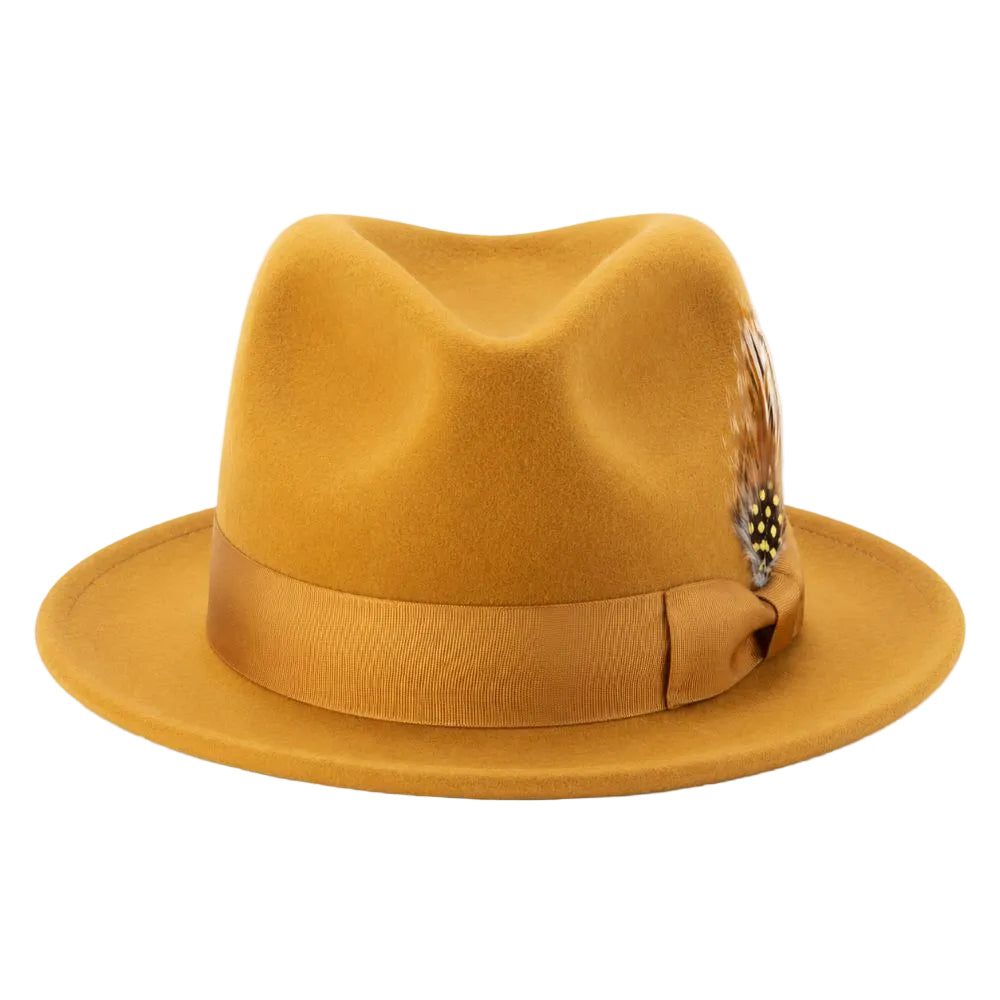 A camel-colored felt fedora hat with a matching ribbon band and a decorative feather accent on the side, photographed against a plain white background.