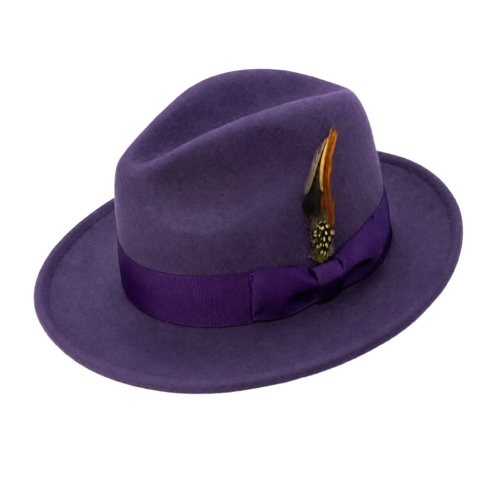 Wool Felt Wide Brim Pinch Crown Fedora - Grape