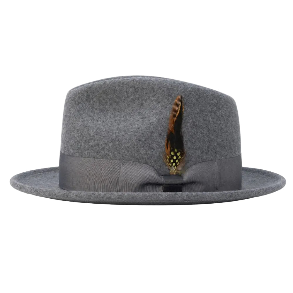 A gray felt fedora hat with a matching gray ribbon band and bow, decorated with a brown and black feather with yellow-green spots, shown against a plain white background.