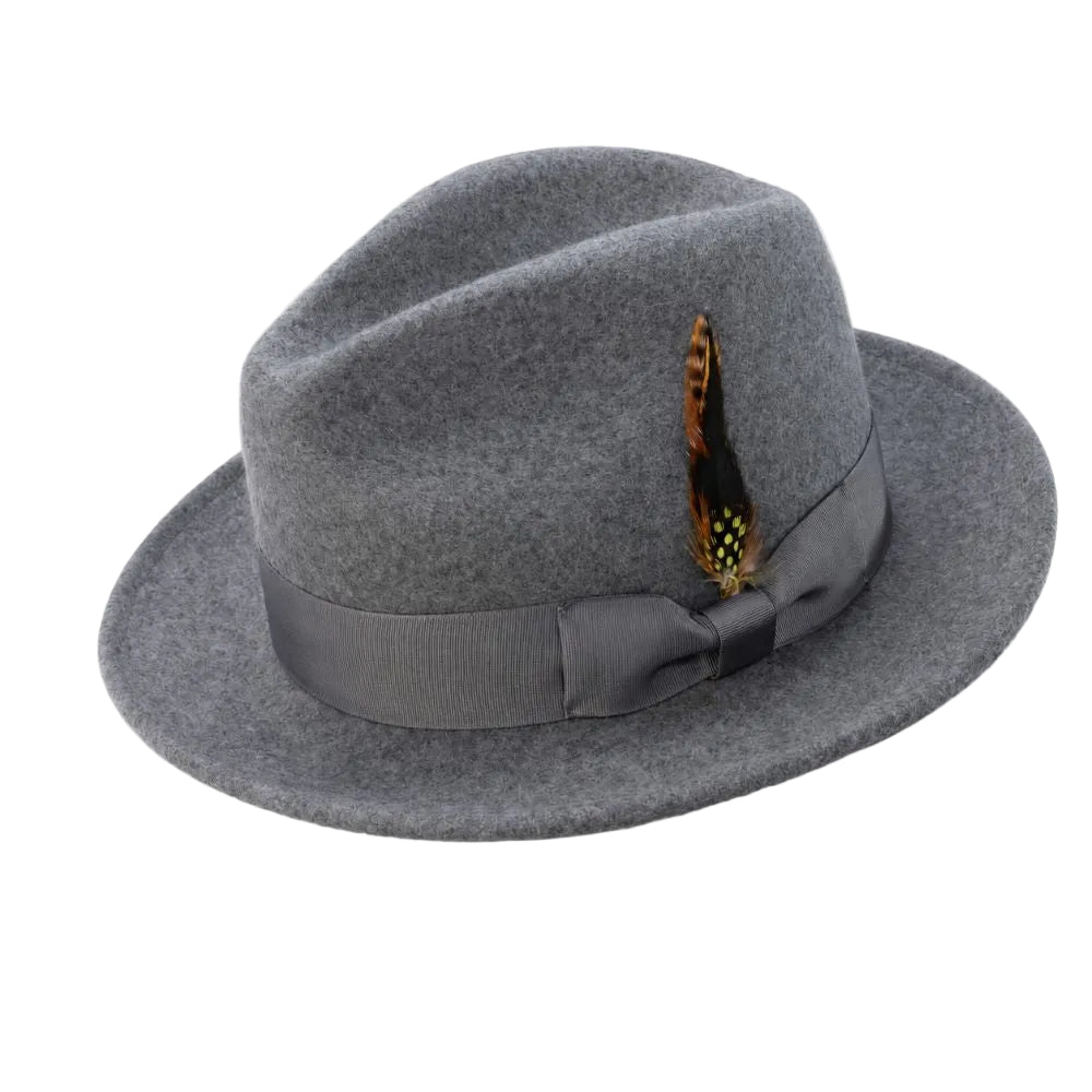 Wool Felt Wide Brim Pinch Crown Fedora - Gray