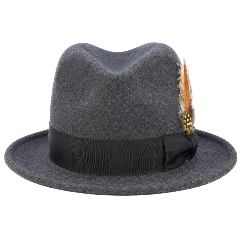 A dark gray felt fedora hat with a black ribbon band and bow, decorated with a brown and gold feather on the side, shown against a plain white background.