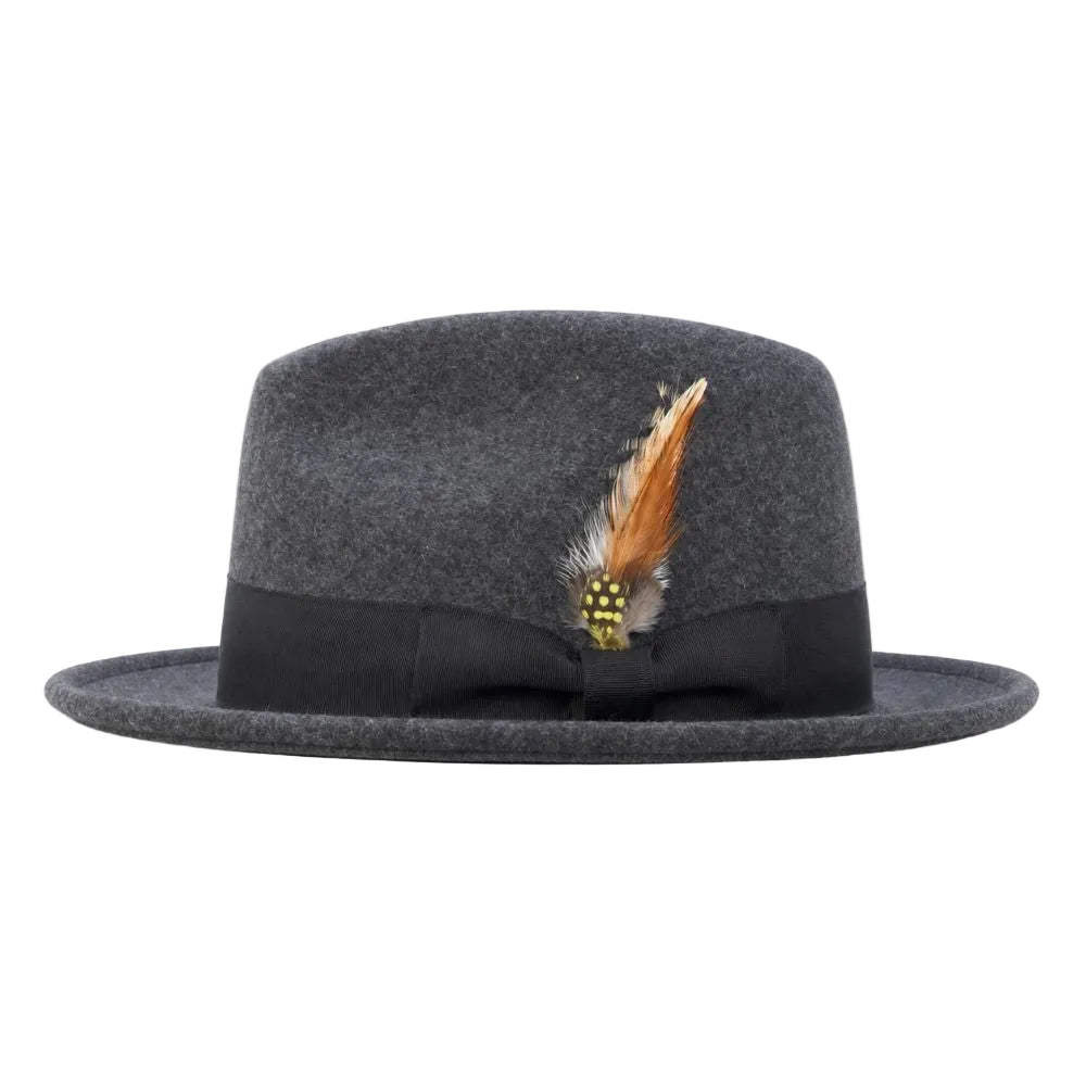 A dark gray felt fedora hat with a black ribbon band and bow, decorated with a brown and white feather with a gold patterned base, shown against a plain white background.