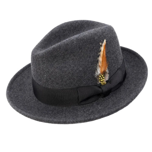 Heather black wool felt wide brim pinch crown fedora