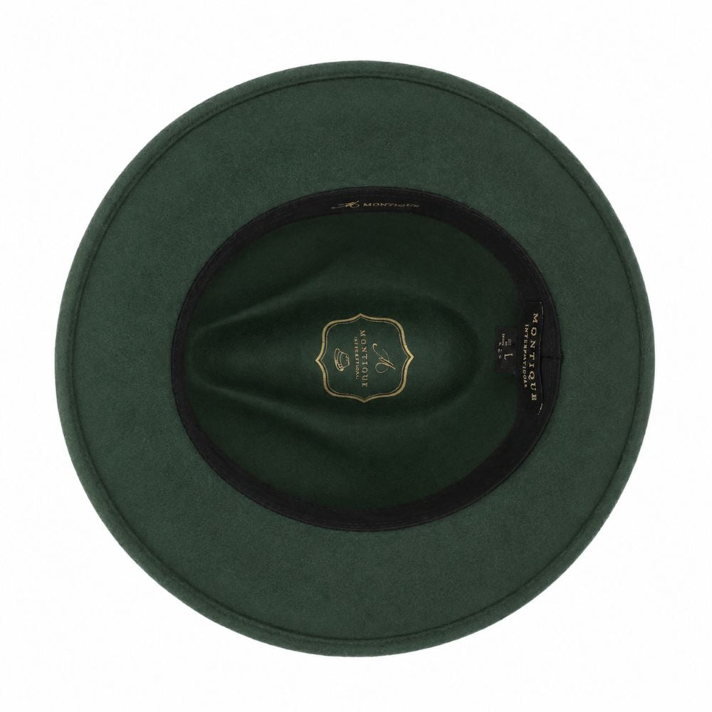 Interior view of hunter green wool felt pinch-front fedora with black sweatband and gold logo