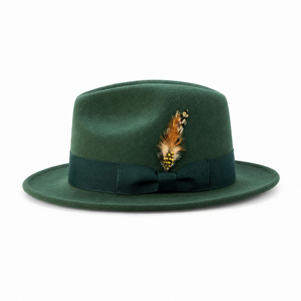 Hunter green wool felt fedora with feather accent, rear view