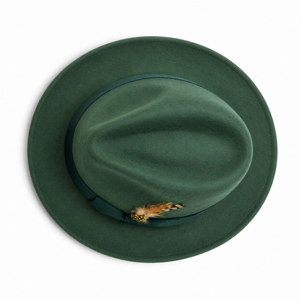 Hunter green wool felt pinch-front fedora with feather accent, top view