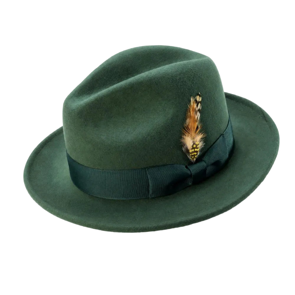 Hunter green wool felt pinch front fedora with feather accent
