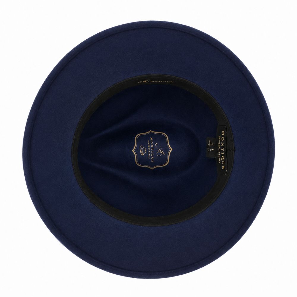 Interior view of navy wool felt pinch-front fedora with black sweatband and gold logo