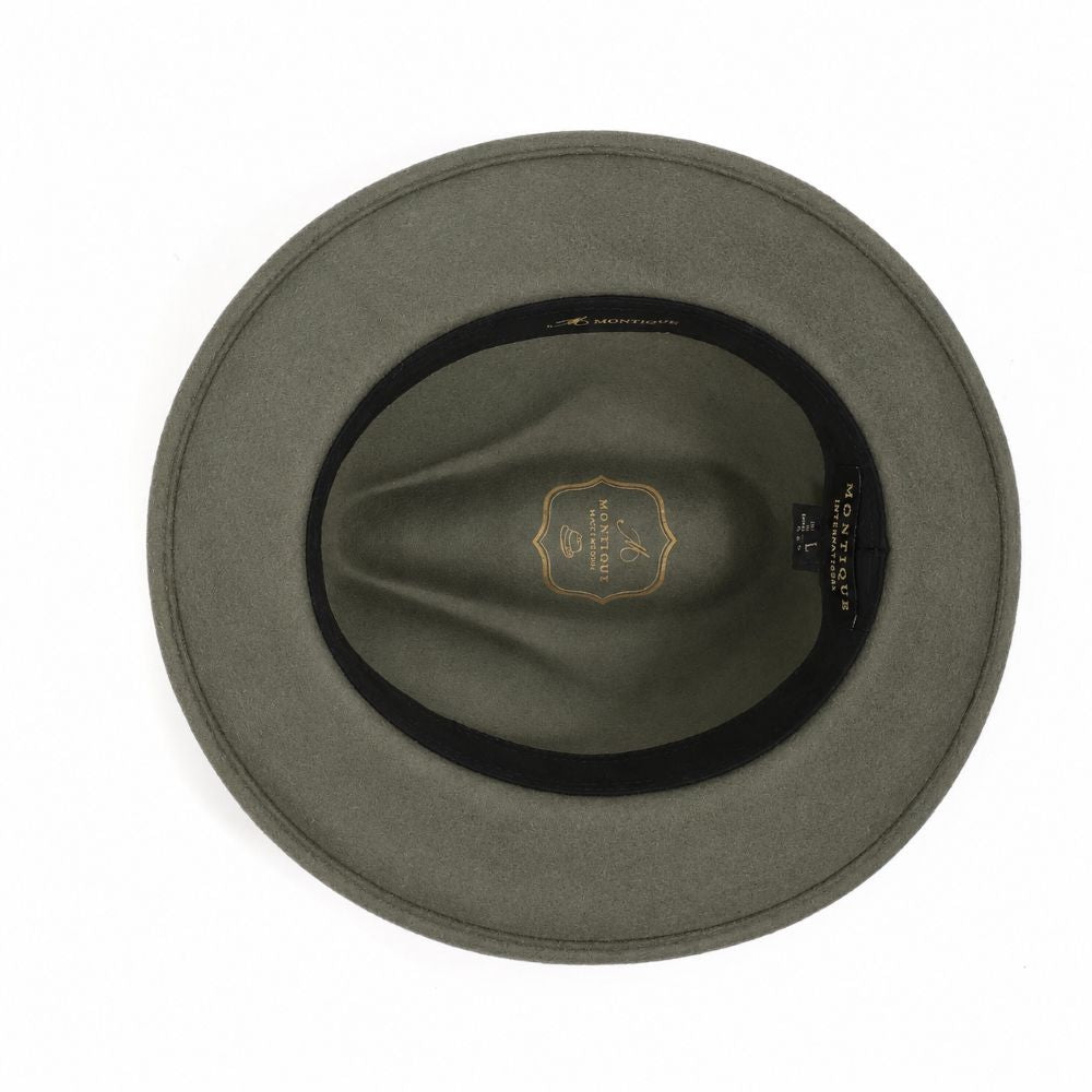 Interior view of olive wool felt pinch-front fedora with black sweatband and gold logo