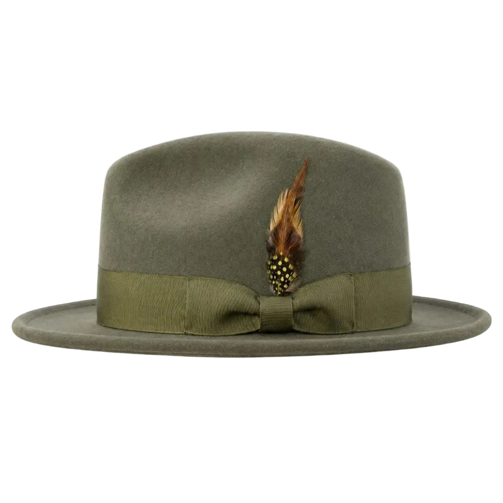 An olive green felt fedora hat with a matching ribbon band, a bow, and a brown feather accent, shown against a plain white background.